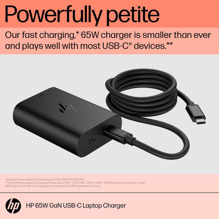 HP 65W GaN USB-C Cargador para portátil, Potencia Compacta con Doble Puerto para Carga Rápida