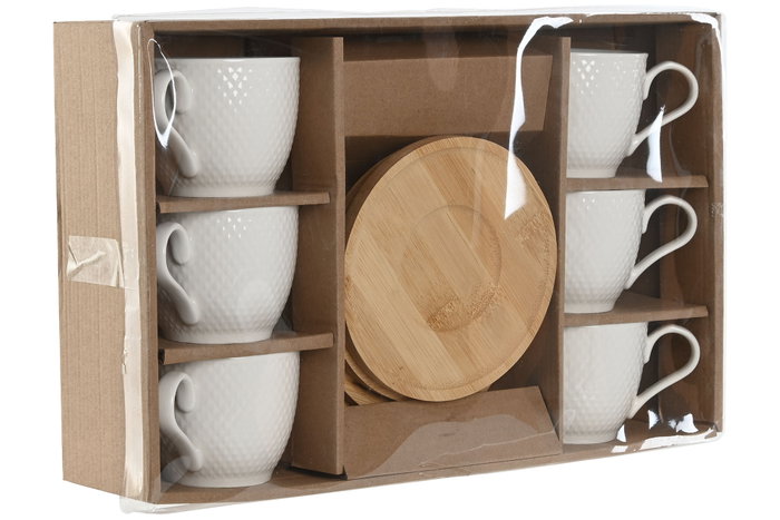 DKD Home Decor Taza de Café de Porcelana y Bambú Blanco Natural Set de 6 Piezas 220ml 8 x 7 x 11 cm