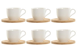 DKD Home Decor Taza de Café de Porcelana y Bambú Blanco Natural Set de 6 Piezas 220ml 8 x 7 x 11 cm