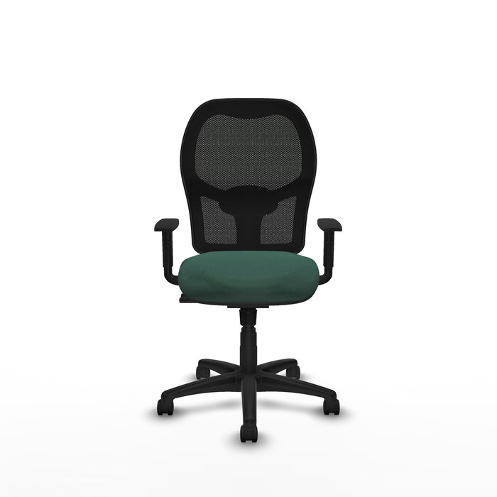 Silla de oficina Alocén con mecanismo Sincro tapizada con Tela color Verde botella y malla color Negro. Equipada con lumbar 1D, Brazos 1D y Ruedas de nailon 50 mm