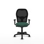 Silla de oficina Alocén con mecanismo Sincro tapizada con Tela color Verde botella y malla color Negro. Equipada con lumbar 1D, Brazos 1D y Ruedas de nailon 50 mm