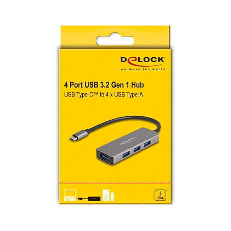 DeLOCK USB-C Hub 4 Puertos USB 3.2 Gen 1 Tipo A, 5 Gbps, Negro Metal, Con Cable 0.2 m