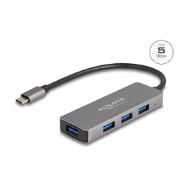 DeLOCK USB-C Hub 4 Puertos USB 3.2 Gen 1 Tipo A, 5 Gbps, Negro Metal, Con Cable 0.2 m