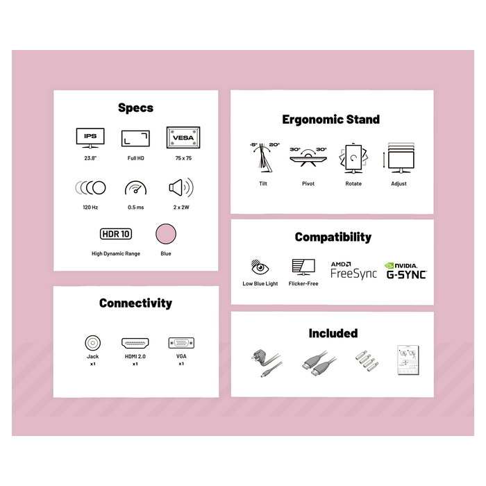 JAPANNEXT JN-I238FHD120F-HSP-PK Monitor Gaming IPS de 23.8 pulgadas Full HD 120Hz 0.5ms AMD FreeSync Altavoces Ajustable en Altura Color Rosa