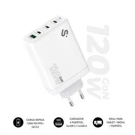 Subblim Cargador GAN 120W SUBCHG-6G1204 USB-C+C+C+A Carga Rápida para Portátiles, Tablets y Smartphones