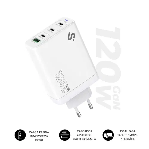 Subblim Cargador GAN 120W SUBCHG-6G1204 USB-C+C+C+A Carga Rápida para Portátiles, Tablets y Smartphones Subblim Cargador GAN 120W SUBCHG-6G1204 USB-C+C+C+A Carga Rápida para Portátiles, Tablets y Smartphones