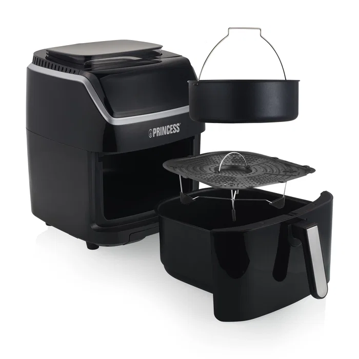Princess 182080 Freidora de Aire Caliente 2 en 1 sin Aceite + Vaporera, 6.5 Litros 1700W, Panel Digital Táctil con 8 Programas Predefinidos, Color Negro