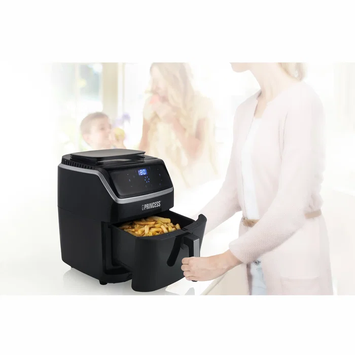 Princess 182080 Freidora de Aire Caliente 2 en 1 sin Aceite + Vaporera, 6.5 Litros 1700W, Panel Digital Táctil con 8 Programas Predefinidos, Color Negro