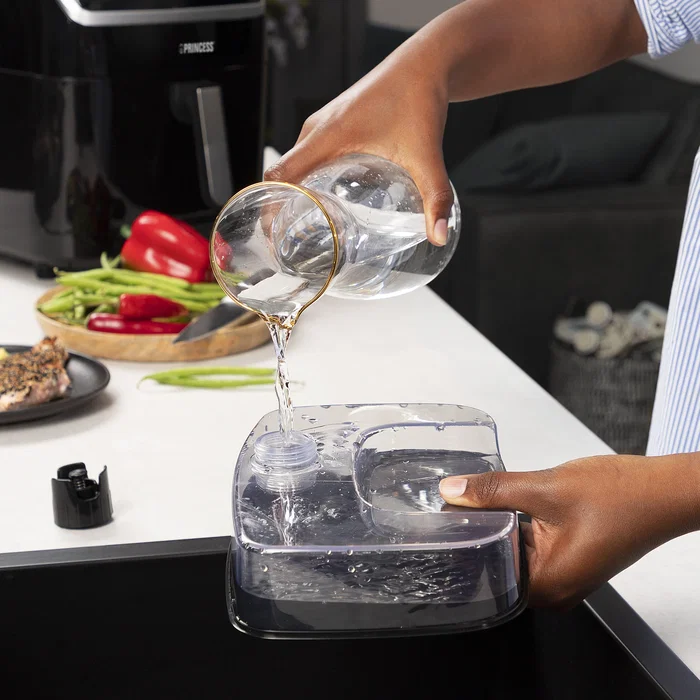 Princess 182080 Freidora de Aire Caliente 2 en 1 sin Aceite + Vaporera, 6.5 Litros 1700W, Panel Digital Táctil con 8 Programas Predefinidos, Color Negro