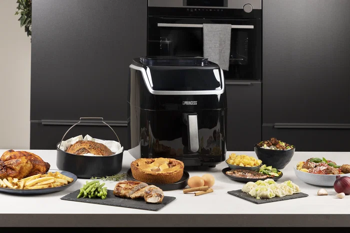 Princess 182080 Freidora de Aire Caliente 2 en 1 sin Aceite + Vaporera, 6.5 Litros 1700W, Panel Digital Táctil con 8 Programas Predefinidos, Color Negro