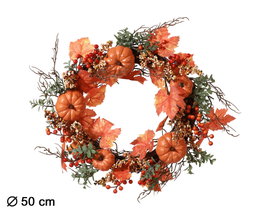 Corona Decorativa Otoñal de 50 cm con Calabazas y Hojas - Decoración Halloween y Otoño - Pieza Central de Temporada