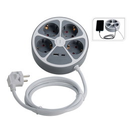 Fx Control Base de enchufe múltiple redonda 4 tomas 2P+T con 2 USB (A y C), 3680W, cable 1.4m, IP20, protección niños, color blanco/gris