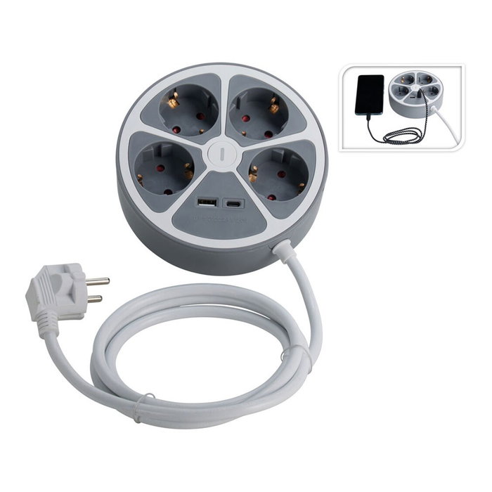 Fx Control Base de enchufe múltiple redonda 4 tomas 2P+T con 2 USB (A y C), 3680W, cable 1.4m, IP20, protección niños, color blanco/gris