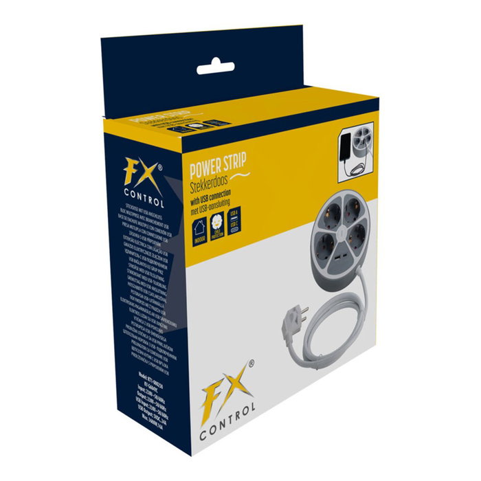 Fx Control Base de enchufe múltiple redonda 4 tomas 2P+T con 2 USB (A y C), 3680W, cable 1.4m, IP20, protección niños, color blanco/gris