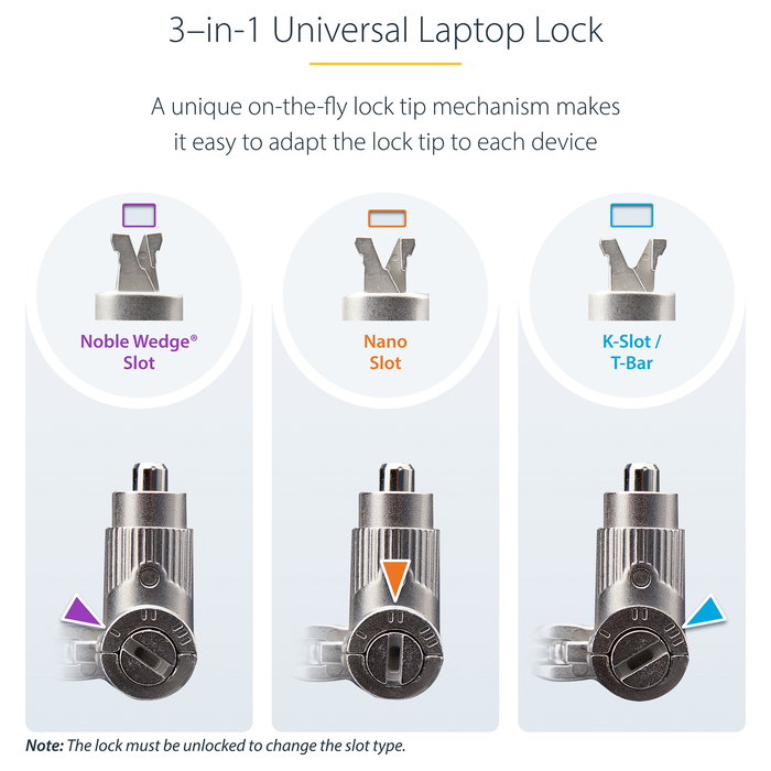 StarTech.com Pack 25 Candados Seguridad Kensington Nano Noble UNIVKA25-LAPTOP-LOCK, Llave, Negro, Cable 2 m, 4 Llaves