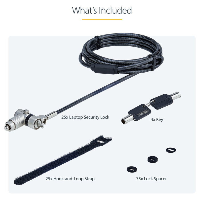 StarTech.com Pack 25 Candados Seguridad Kensington Nano Noble UNIVKA25-LAPTOP-LOCK, Llave, Negro, Cable 2 m, 4 Llaves