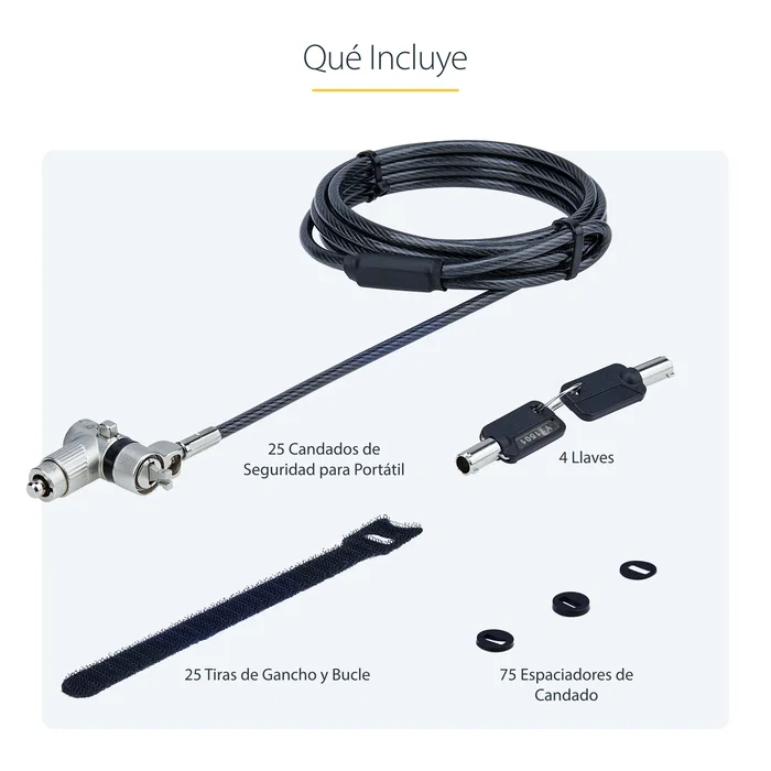 StarTech Pack de 25 Candados de Cable Antirrobo Universal 3-en-1, 2 m, Negro