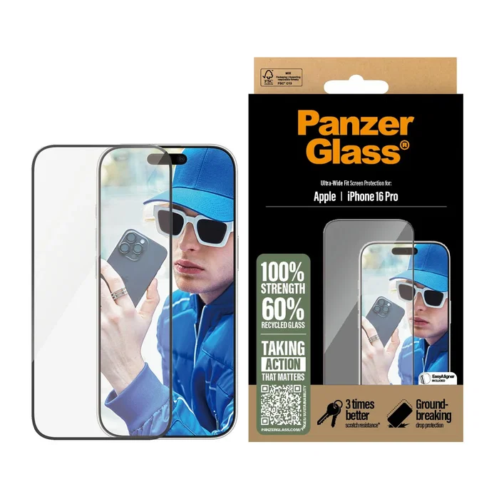 PanzerGlass Protector de Pantalla iPhone 16 Pro Ultra-Wide Fit, Vidrio Templado Anti-Rayones y Anti-Huellas, 1 Unidad
