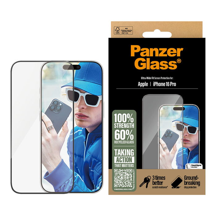 PanzerGlass iPhone 16 Pro UWF Protector de Pantalla para iPhone 16 Pro Ultra-Wide Fit Resistente a Rayones y Golpes Transparente Vidrio Templado