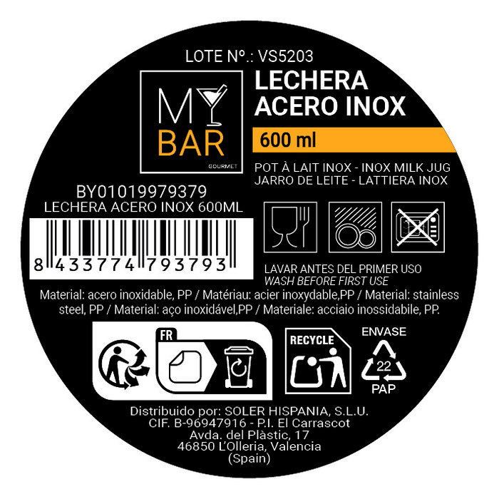Inde Lechera de Acero Inoxidable 600 ml para Bar, Capacidad 600 ml, Espesor 0.7 mm (12 Unidades)