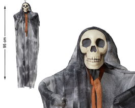 Esqueleto Colgante Con Túnica Gris Y Capucha 95 cm Decoración Halloween