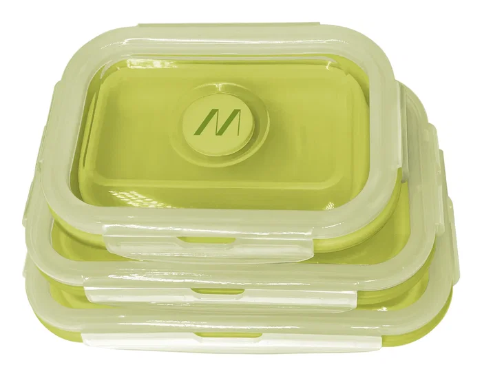 Muitomas LUNCHBOXSETGN - Juego de 3 Fiambreras Plegables de Silicona Reutilizable para Comida, Verde, Incluye Tapa, para Almuerzo y Tentempiés