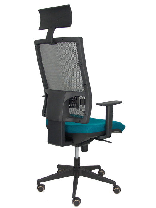 Silla de oficina Horna con mecanismo Sincro tapizada con Tela color Verde petróleo y malla color Negro. Equipada con lumbar 1D, Brazos 1D, Cabecero Fijo y Ruedas de parqué Silla de oficina Horna con mecanismo Sincro tapizada con Tela color Verde petróleo y malla color Negro. Equipada con lumbar 1D, Brazos 1D, Cabecero Fijo y Ruedas de parqué