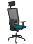 Silla de oficina Horna con mecanismo Sincro tapizada con Tela color Verde petróleo y malla color Negro. Equipada con lumbar 1D, Brazos 1D, Cabecero Fijo y Ruedas de parqué