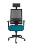 Silla de oficina Horna con mecanismo Sincro tapizada con Tela color Verde petróleo y malla color Negro. Equipada con lumbar 1D, Brazos 1D, Cabecero Fijo y Ruedas de parqué