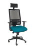 Silla de oficina Horna con mecanismo Sincro tapizada con Tela color Verde petróleo y malla color Negro. Equipada con lumbar 1D, Brazos 1D, Cabecero Fijo y Ruedas de parqué