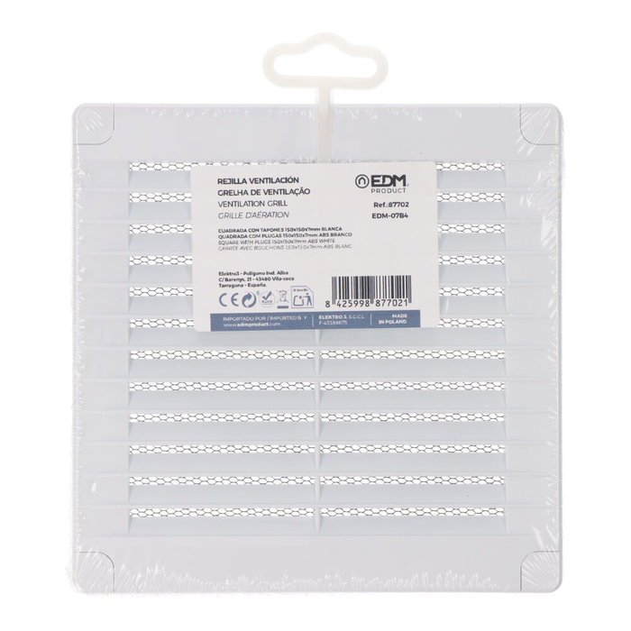 Edm Rejilla Ventilación Cuadrada con Tapones y Mosquitera ABS Blanca 150x150x7mm