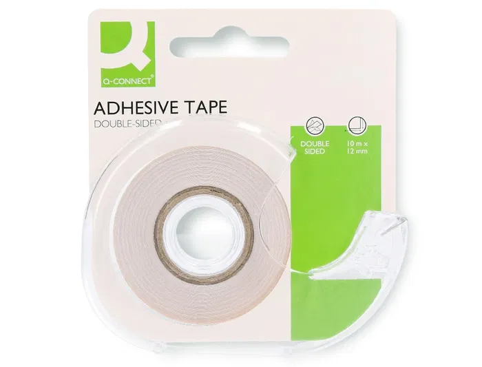 Q-connect Cinta Adhesiva Doble Cara Transparente 10 m x 12 mm en Portarrollos, para Fotos, Maquetas y Manualidades