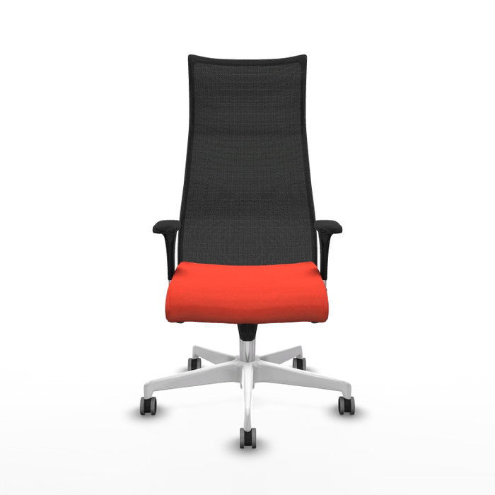 Sillón Albacete con mecanismo Sincro tapizada con Tela color Naranja oscuro y malla color Negro. Equipado con Base poliamida blanca, Brazos 1D y Ruedas 65 mm parqué