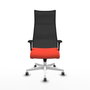 Sillón Albacete con mecanismo Sincro tapizada con Tela color Naranja oscuro y malla color Negro. Equipado con Base poliamida blanca, Brazos 1D y Ruedas 65 mm parqué