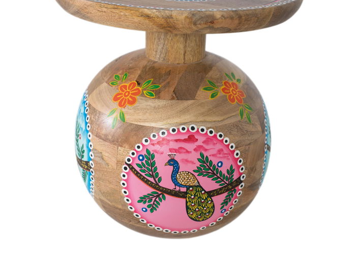 GINER Y COLOMER Mesa Auxiliar Redonda de Madera de Mango Pintada a Mano Estilo Étnico