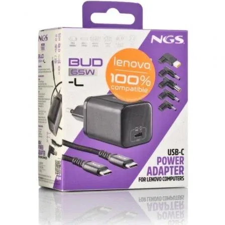 NGS BUD65W-L Cargador GaN USB-C 65W PD - Cargador Rápido Ultracompacto para Portátil Lenovo con Cable USB-C 1.5m y 5 Conectores DC (Kit Completo de Recarga) NGS BUD65W-L Cargador GaN USB-C 65W PD - Cargador Rápido Ultracompacto para Portátil Lenovo con Cable USB-C 1.5m y 5 Conectores DC (Kit Completo de Recarga)