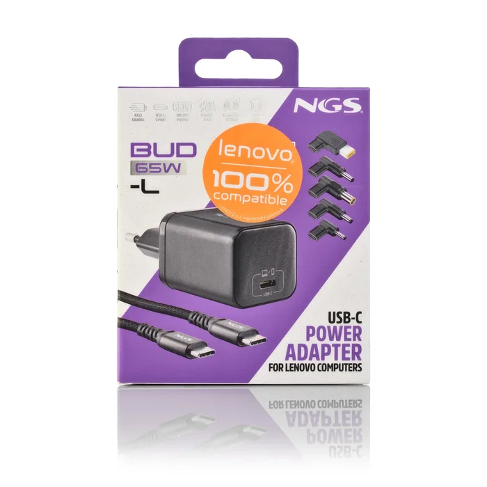 NGS Cargador GaN 65W USB-C con Cable y 5 Conectores para Lenovo, Negro NGS Cargador GaN 65W USB-C con Cable y 5 Conectores para Lenovo, Negro