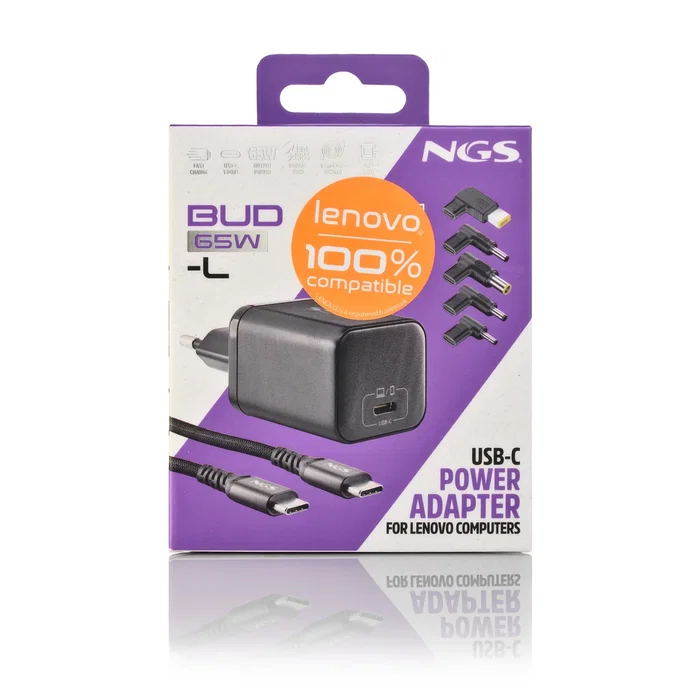 NGS Cargador BUD65W-L GaN 65W Negro con Quick Charge 3.0 y USB-PD 3.0 para Portátiles Lenovo - Puerto USB-C, 1.5m, Enchufe Tipo F (UE) NGS Cargador BUD65W-L GaN 65W Negro con Quick Charge 3.0 y USB-PD 3.0 para Portátiles Lenovo - Puerto USB-C, 1.5m, Enchufe Tipo F (UE)