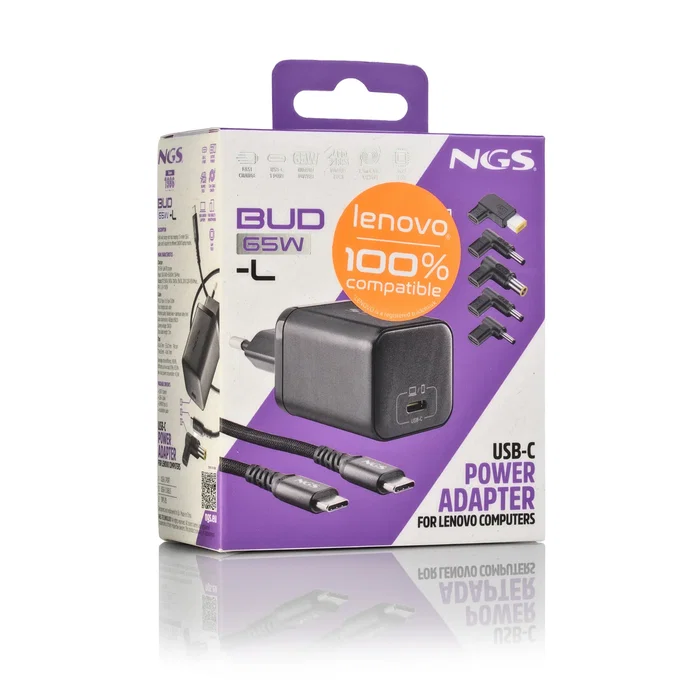 NGS Cargador GaN 65W USB-C con Cable y 5 Conectores para Lenovo, Negro NGS Cargador GaN 65W USB-C con Cable y 5 Conectores para Lenovo, Negro