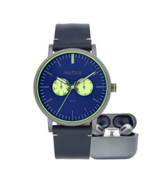 Watxandco RELOJ12_44 con correa de cuero azul y esfera verde