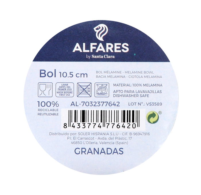 Alfares Bol Melamina Brillo Colección Granadas, 10.5 cm de Diámetro (36 Unidades)