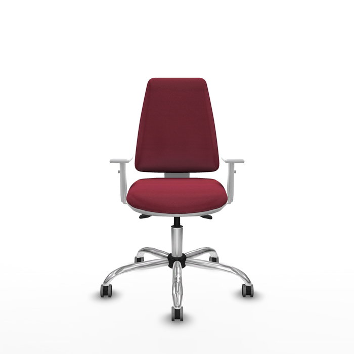 Silla de oficina Elche con mecanismo Asincro tapizada con Tela color Granate. Equipada con Base cromada, Reposabrazos blancos y Ruedas 65 mm parqué