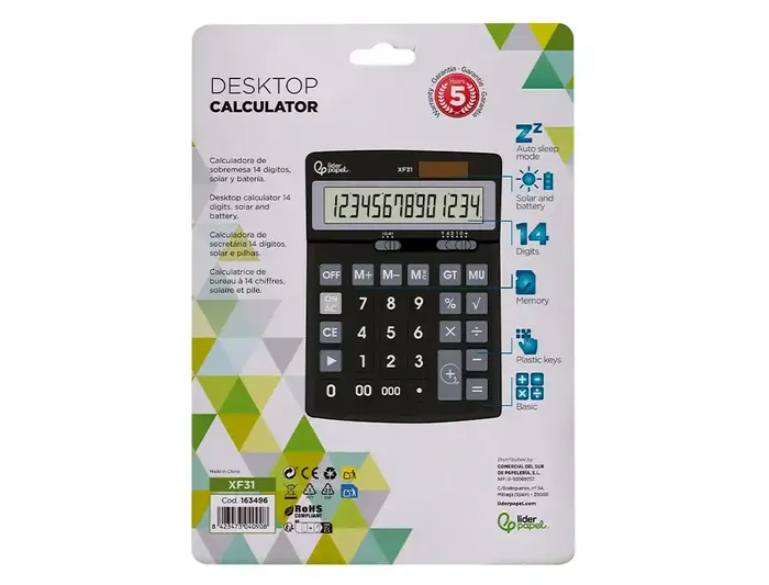 Liderpapel xf31 Calculadora Sobremesa 14 Dígitos Solar y Pilas Color Negro 170x122x35 mm