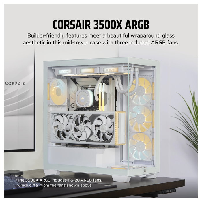 Corsair 3500X ARGB Torre Media ATX Gaming PC Blanco Acero Vidrio Templado EATX 3x 120mm RGB