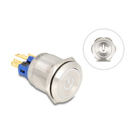 DeLOCK 20986 Pulsador de presión para montaje 22 mm con LED y símbolo de encendido, Plata