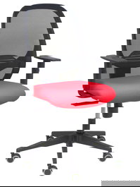 Silla de oficina Cilanco con mecanismo Sincro tapizada con Tela color Rojo y malla color Negro. Equipada con lumbar 1D, Brazos 1D y Ruedas de parqué