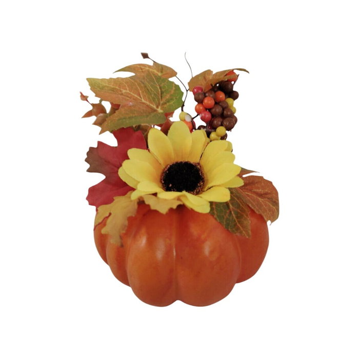 Adorno de calabaza naranja con girasoles y hojas