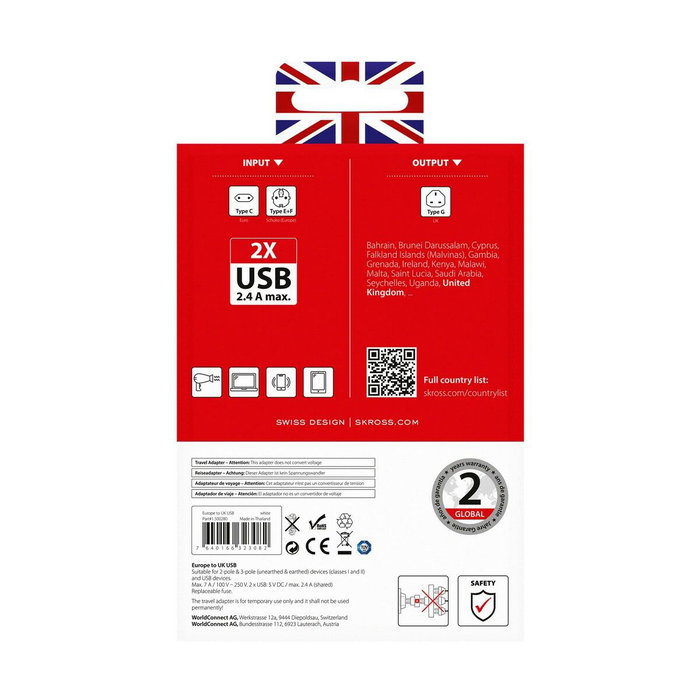 Skross Adaptador de Europa a Reino Unido con 2 Salidas USB, 1500280 Skross Adaptador de Europa a Reino Unido con 2 Salidas USB, 1500280