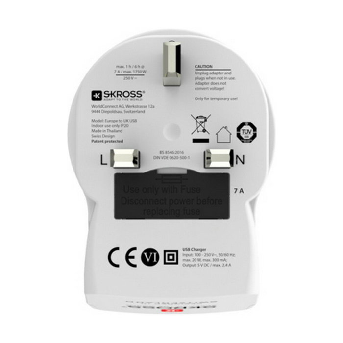 Skross Adaptador de Europa a Reino Unido con 2 Salidas USB, 1500280 Skross Adaptador de Europa a Reino Unido con 2 Salidas USB, 1500280