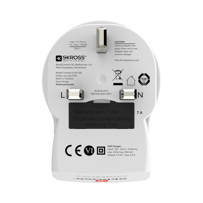 Skross 1500280 Adaptador de Viaje Europeo a Reino Unido con 2 Puertos USB Tipo A